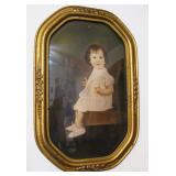 Antique Oval Bubble Glass Wood Frame / Seated Child Photo