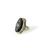 14K White gold Victorian filigree onyx ring