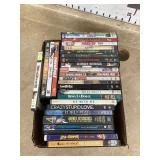 28 MISC DVDS - RECORDS CD DVD VHSBox with rooster items & red pots