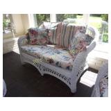 White Wicker Love Seat with Cushions and Pillows